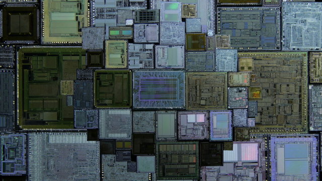 Slow approaching the microchip with moving lights