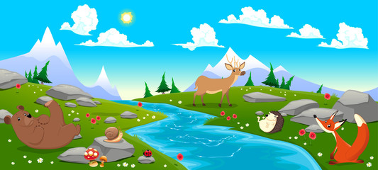 Obraz premium Mountain landscape with river and animals
