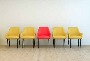 Yellow chairs aligned with a red one in the middle - obrazy, fototapety, plakaty