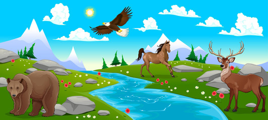 Obraz premium Mountain landscape with river and animals