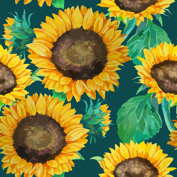 seamless pattern of watercolor sunflowers with green leaves