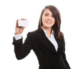 Young attractive businesswoman showing blank business card