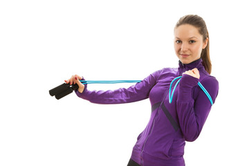Joyful happy woman with jump rope around her neck
