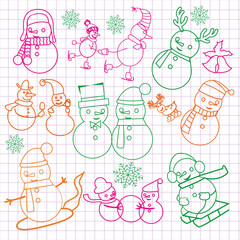 Christmas doodles with snowmen-illustration