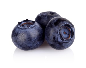 Closeup view of three blueberries isolated on white