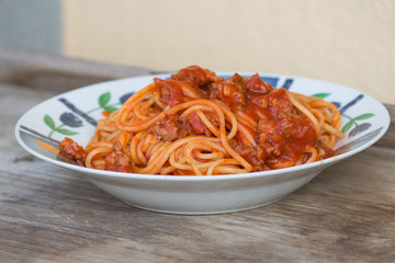 pasta,italian spaghetti with sauce and sausage