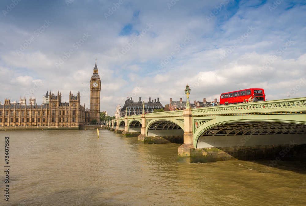 Sticker Red Double Decker Bus crossing Westminster Bridge. Icon of Londo