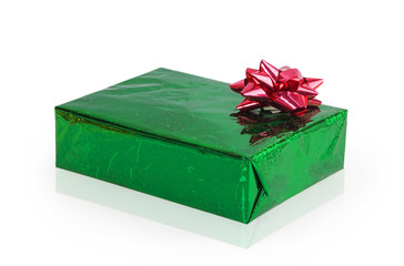 Green gift box with red bow