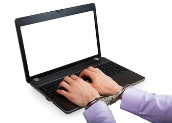 Hands in handcuffs on a laptop with white screen