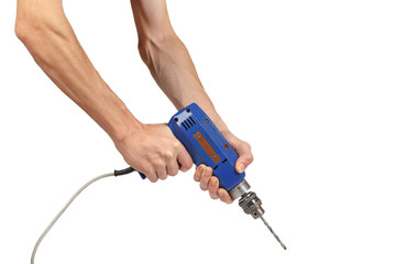 Man's hands holds a blue drill