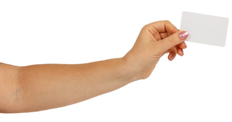 Fototapeta premium Female hand holding a white business card