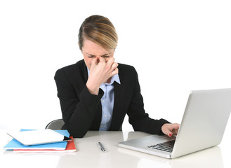 business woman in stress and headache at office computer