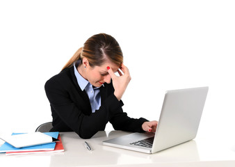 businesswoman working in stress at office computer frustrated