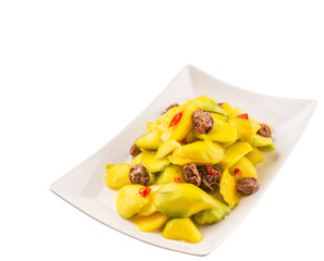 Pickled young mango with dried tamarind and chili slices