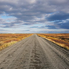 Fototapeta na wymiar Empty straight gravel road goes to horrizon in Iceland