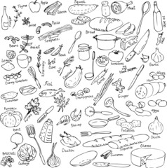 sketch of foods, utensils and kitchen equipment