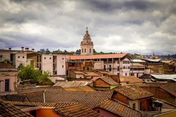 tower of Santo Domingo church in colonial Quito Ecuador South