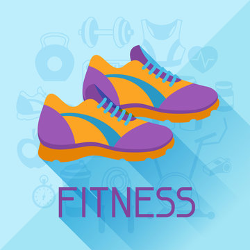 Sports background with fitness icons in flat style.