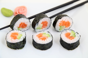 Futomaki, salmon and avocado. Traditional japanese sushi rolls