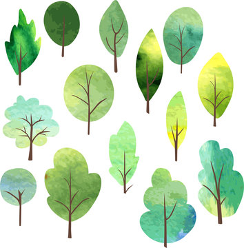set of different trees by watercolor