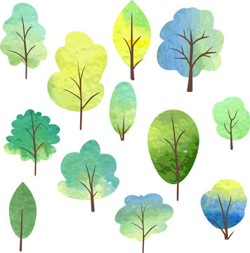 set of different trees by watercolor