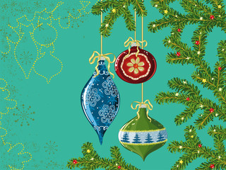 Christmas decorations hanging on the Christmas tree branches