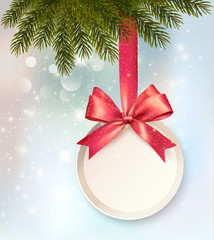 Christmas background with a label and a bow. Vector.