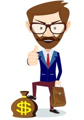 Hipster Businessman Standing on the Bag with Dollars, Vector