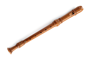 Naklejka premium single recorder, musical instrument of wood, isolated on white