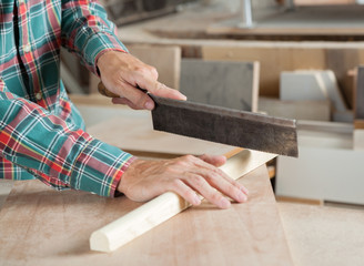Carpenter Using Small Saw To Cut Wood