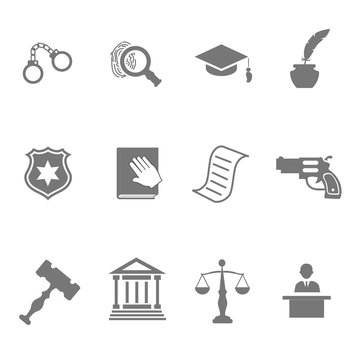 Set of black and white silhouette justice police icons