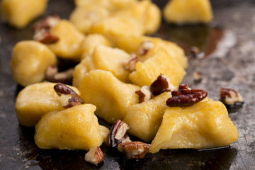 Pumpkin gnocchi with mushroom sauce