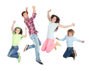 Young happy family jumping