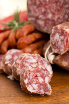 Different sausages and salami
