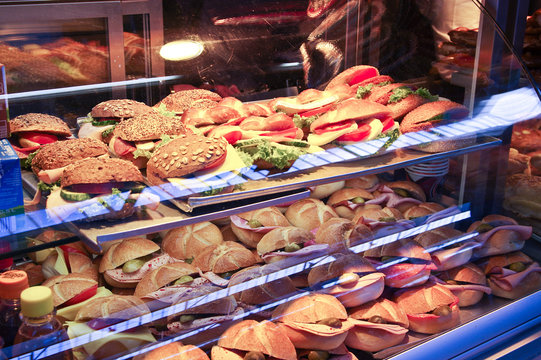 Collection of sandwiches in a shop window