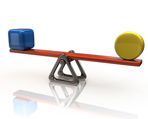 Blue cube and yellow cylinder on scales