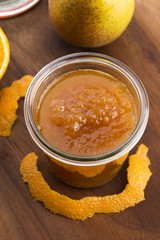 glass of pear jam with orange