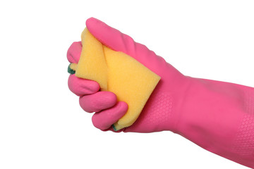 Cleaning equipment, hand in glove squeezing sponge, isolated