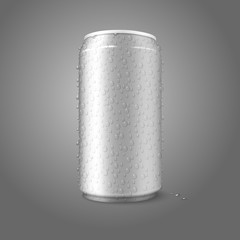 Blank vector aluminium can with condensated water drops on it.