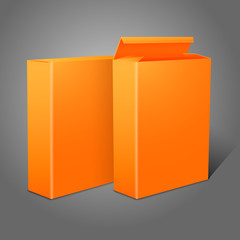 Two realistic bright orange blank paper packages for cornflakes