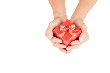 Man hands hold red gift box
