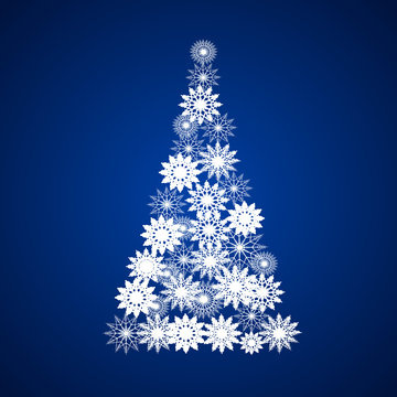 Abstract vector christmas tree from white snowflakes on bright b