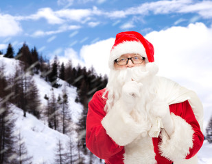man in costume of santa claus with bag