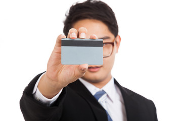 Asian businessman show a blank card cover his face