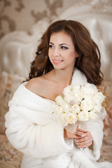 Naklejka premium Happy bride wedding morning marrige makeup hairstyle