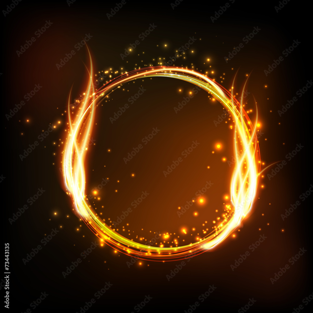 Poster Dark background with shiny round frame with flame