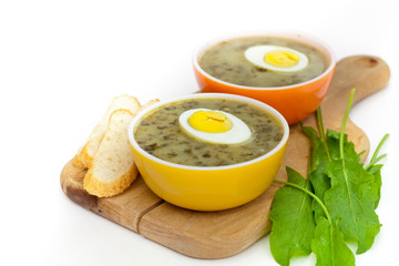 Sorrel soup with egg and greens. Selective focus.