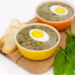 Sorrel soup with egg and greens. Selective focus.