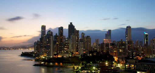 Fototapeta na wymiar The skyscrapers of downtown Panama City, Panama at sunset