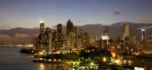 The skyscrapers of downtown Panama City, Panama at sunset